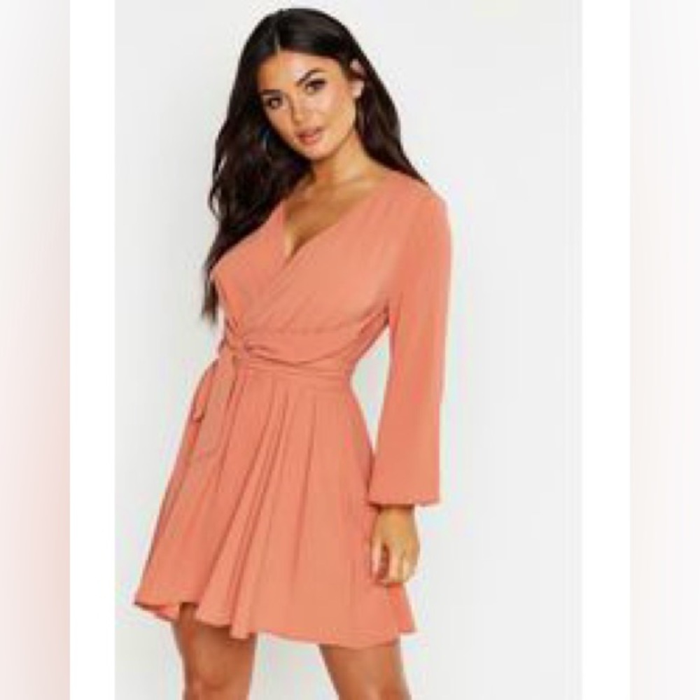 BOOHOO flared sleeve tie front burnt orange mini dress